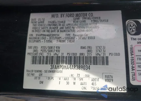 2010 Ford Fusion Se z USA, uszkodzony, nr VIN 3FAHP0HA4AR389034